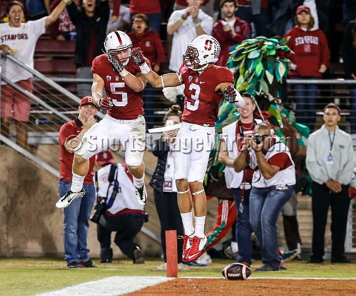 2015StanWash-058.JPG - Oct 24, 2015; Stanford, CA, USA; Stanford Cardinal running back Christian McCaffrey (5) reacts with wide receiver Michael Rector (3) after catching a 50 yard touchdown pass in the third quarter against the Washington Huskies at Stanford Stadium. Stanford beat Washington 31-14.